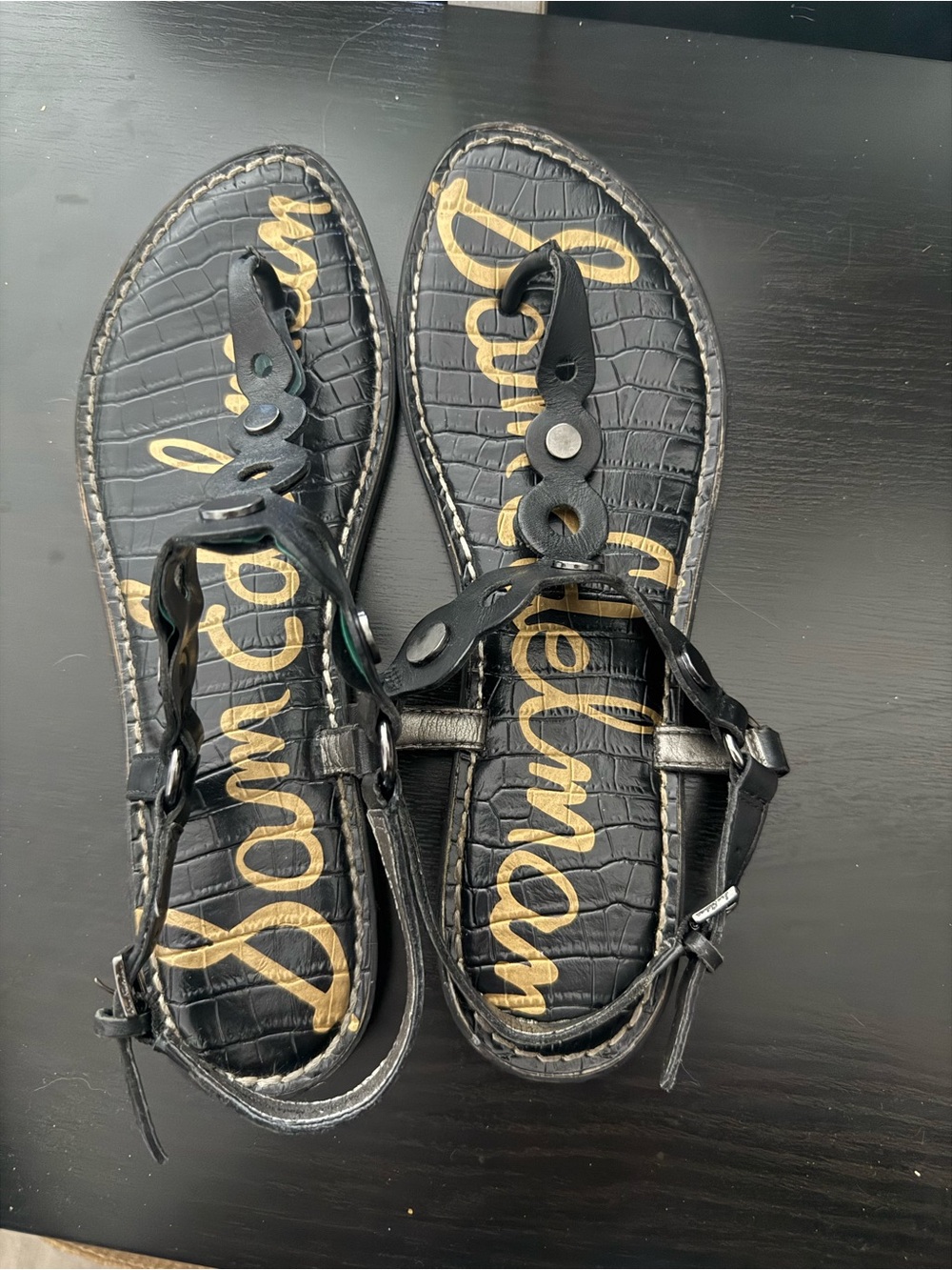 Sam Edelman Black Croc-Embossed Leather T-Strap Sandals with Gold Script Insole